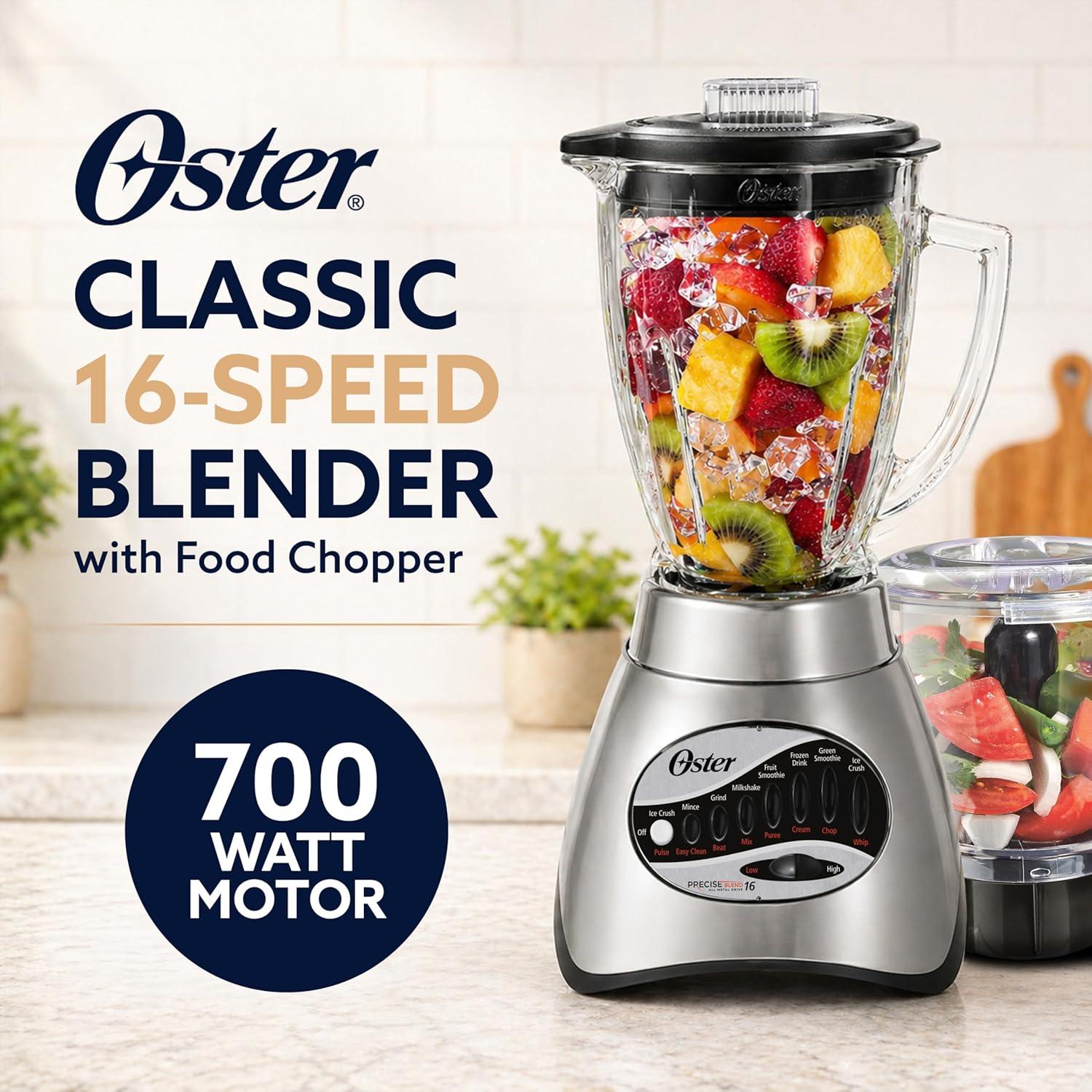 image:imageOster Classic Series 16Speed Blender with Food Chopper amp 6Cup Glass Jar Countertop Kitchen Blender Brushed NickelBlack Glass Jar