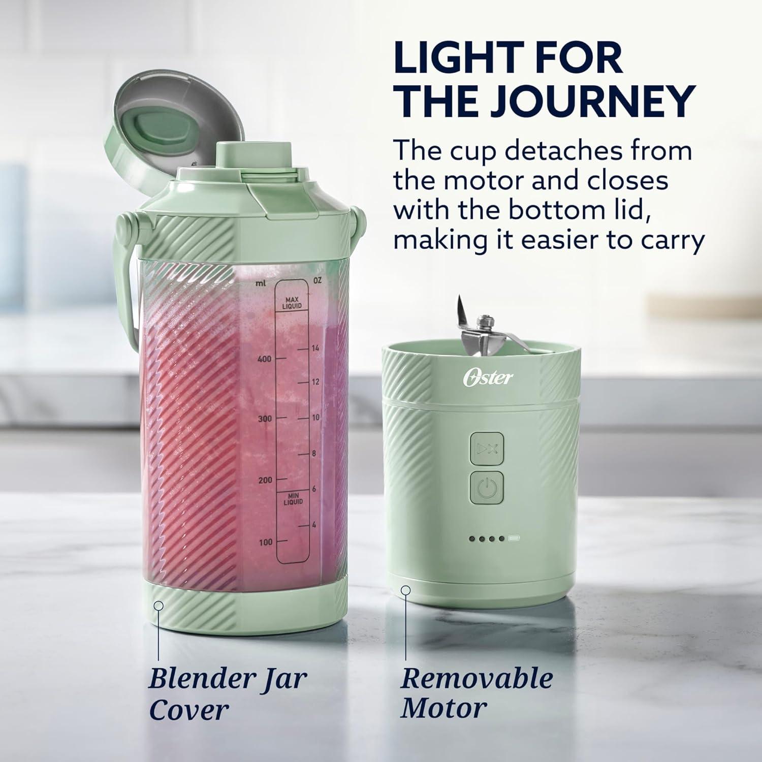 image:imageOster GoMax Portable Blender 20 oz Cordless Personal Blender for Smoothies amp Shakes USBC Rechargeable AntiJam Reversible Blade LeakProof Travel Lid Dishwasher Safe Parts BPAFree BlueMatcha Green