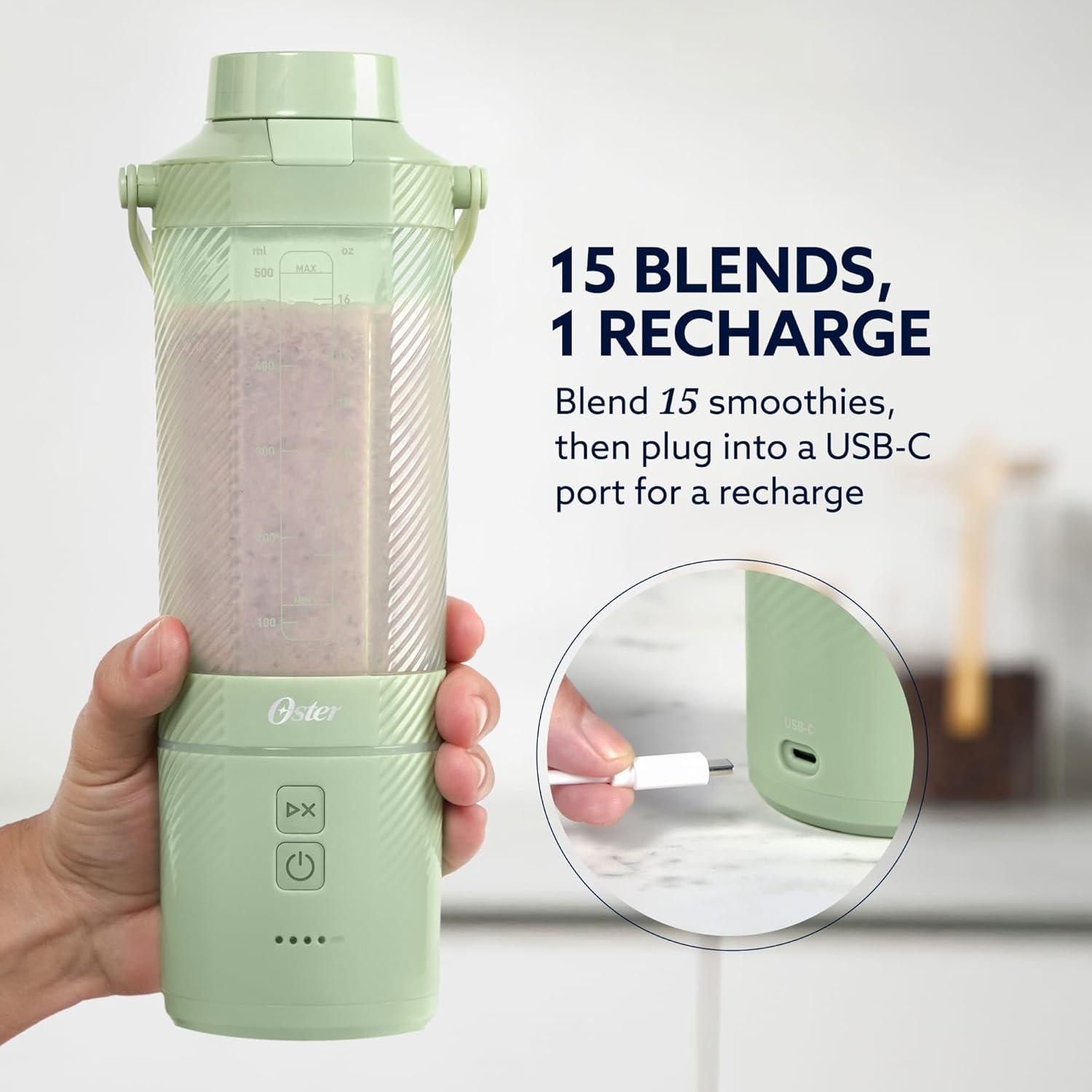 image:imageOster GoMax Portable Blender 20 oz Cordless Personal Blender for Smoothies amp Shakes USBC Rechargeable AntiJam Reversible Blade LeakProof Travel Lid Dishwasher Safe Parts BPAFree BlueMatcha Green
