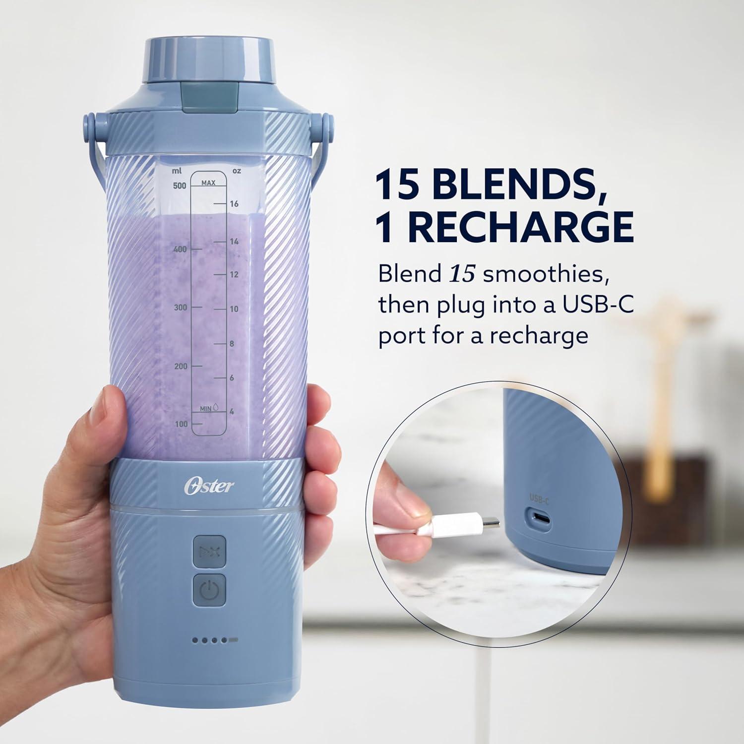 image:imageOster GoMax Portable Blender 20 oz Cordless Personal Blender for Smoothies amp Shakes USBC Rechargeable AntiJam Reversible Blade LeakProof Travel Lid Dishwasher Safe Parts BPAFree BlueBlue