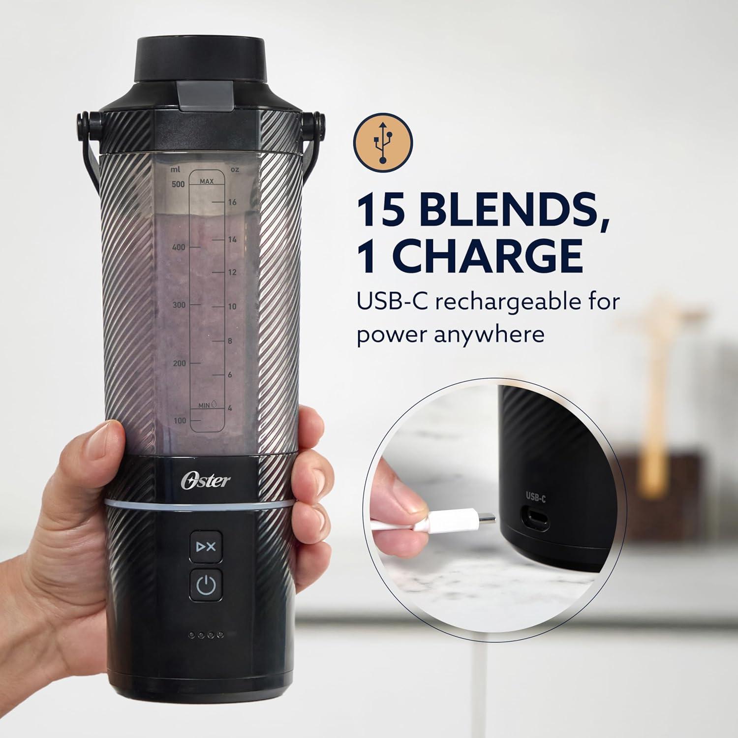 image:imageOster GoMax Portable Blender 20 oz Cordless Personal Blender for Smoothies amp Shakes USBC Rechargeable AntiJam Reversible Blade LeakProof Travel Lid Dishwasher Safe Parts BPAFree BlueBlack