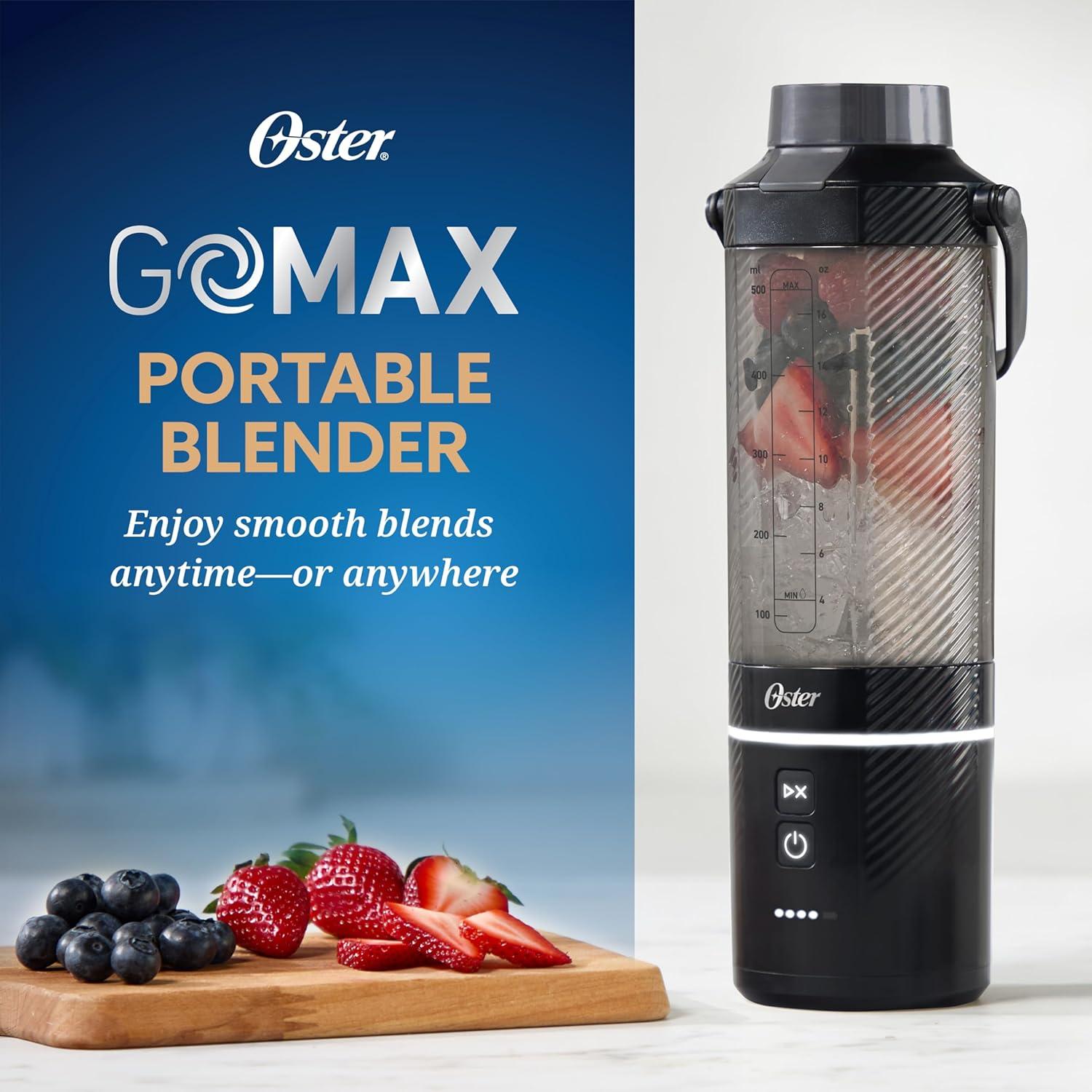 image:imageOster GoMax Portable Blender 20 oz Cordless Personal Blender for Smoothies amp Shakes USBC Rechargeable AntiJam Reversible Blade LeakProof Travel Lid Dishwasher Safe Parts BPAFree BlueBlack