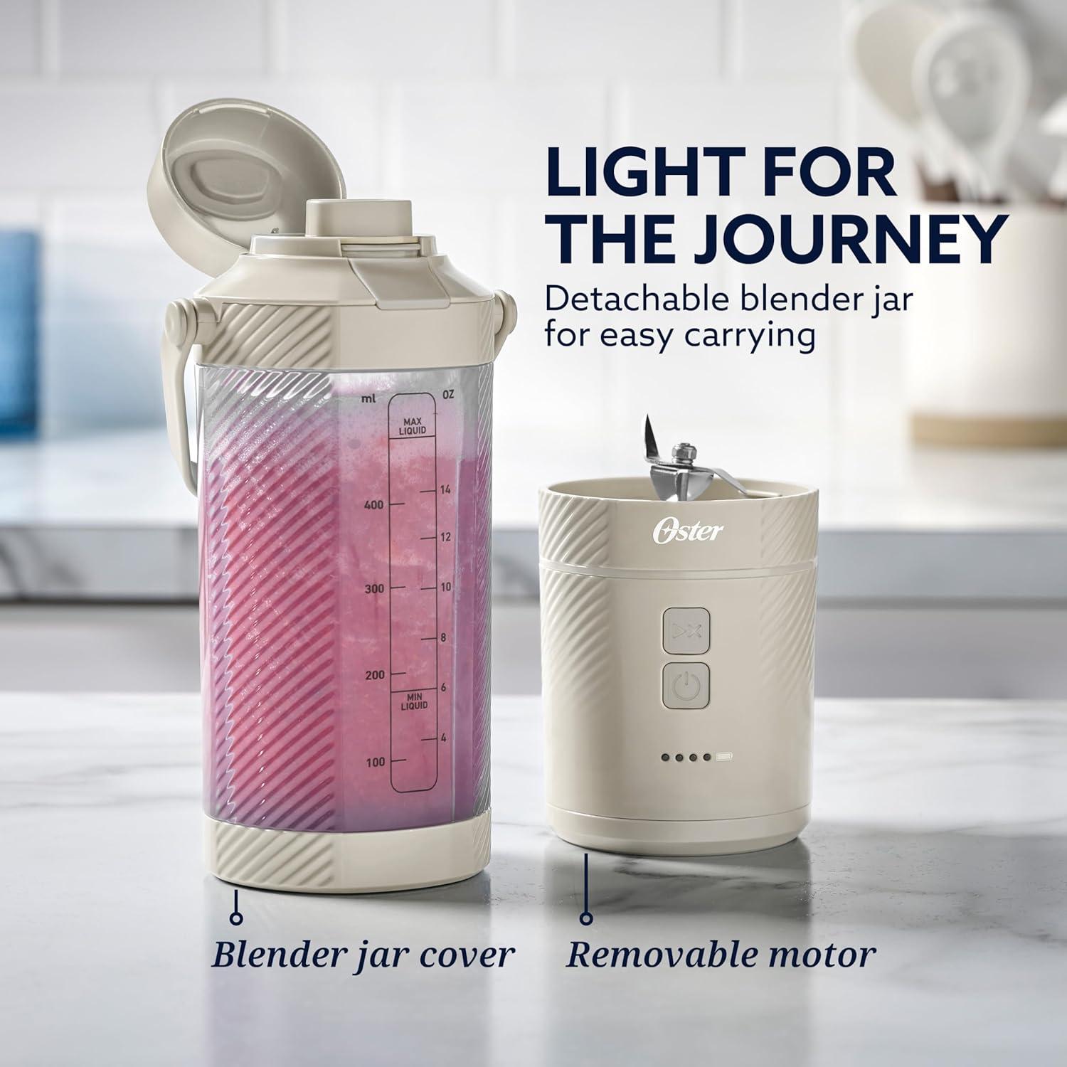 image:imageOster GoMax Portable Blender 20 oz Cordless Personal Blender for Smoothies amp Shakes USBC Rechargeable AntiJam Reversible Blade LeakProof Travel Lid Dishwasher Safe Parts BPAFree BlueOat Milk White