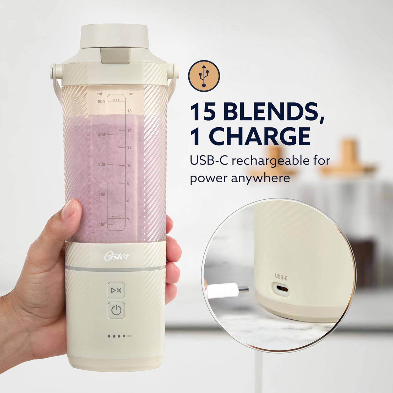 image:imageOster GoMax Portable Blender 20 oz Cordless Personal Blender for Smoothies amp Shakes USBC Rechargeable AntiJam Reversible Blade LeakProof Travel Lid Dishwasher Safe Parts BPAFree BlueOat Milk White