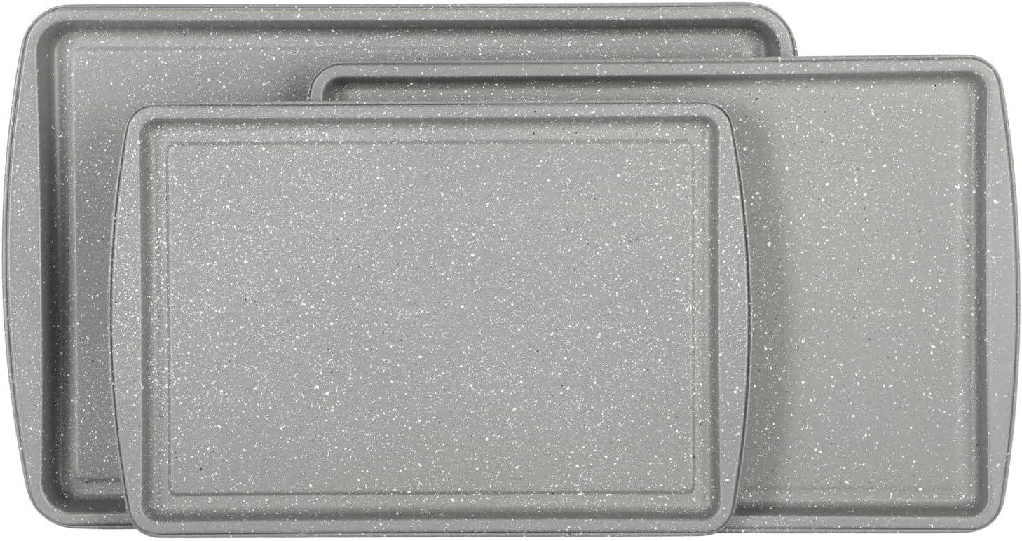 image:imageOster Greystone 3 Piece Carbon Steel Nonstick Kitchen Baking PansCookie Sheet Bakeware Set Premium PFA Nonstick Material WGrey Speckle
