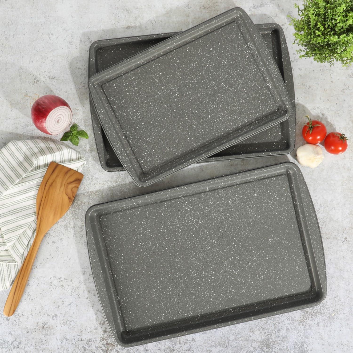 image:imageOster Greystone 3 Piece Carbon Steel Nonstick Kitchen Baking PansCookie Sheet Bakeware Set Premium PFA Nonstick Material WGrey Speckle
