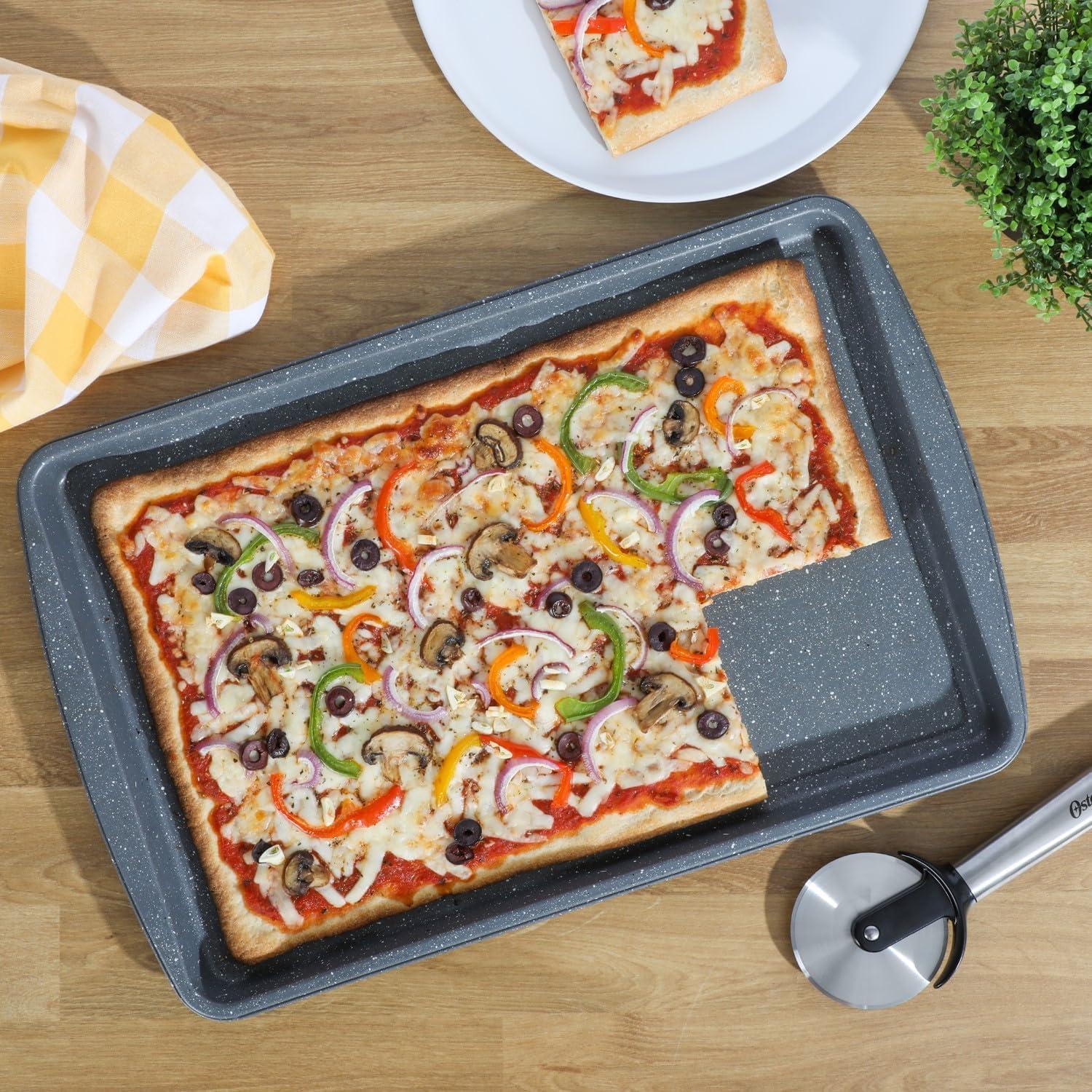 image:imageOster Greystone 3 Piece Carbon Steel Nonstick Kitchen Baking PansCookie Sheet Bakeware Set Premium PFA Nonstick Material WGrey Speckle
