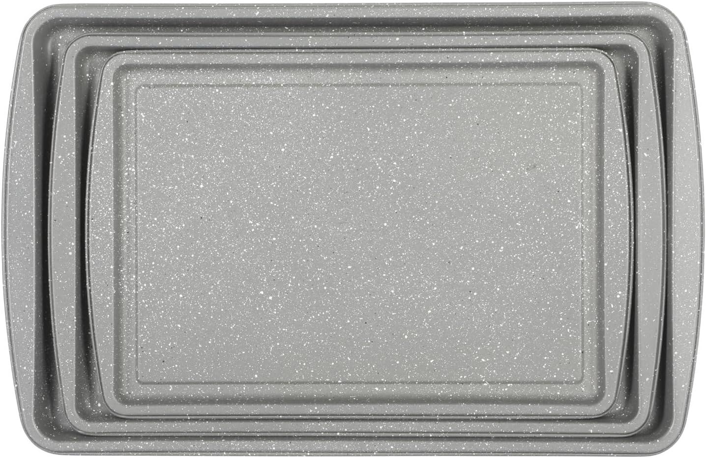 image:imageOster Greystone 3 Piece Carbon Steel Nonstick Kitchen Baking PansCookie Sheet Bakeware Set Premium PFA Nonstick Material WGrey Speckle