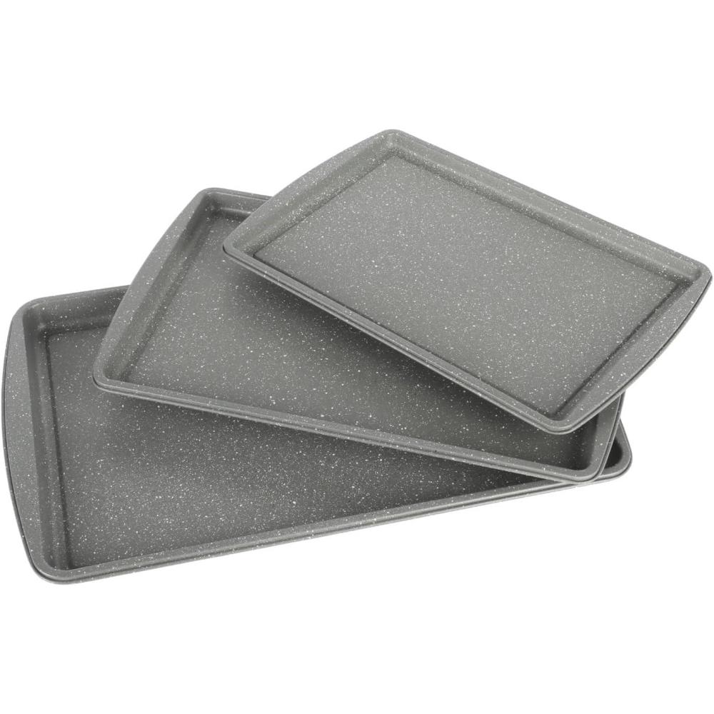 image:imageOster Greystone 3 Piece Carbon Steel Nonstick Kitchen Baking PansCookie Sheet Bakeware Set Premium PFA Nonstick Material WGrey Speckle