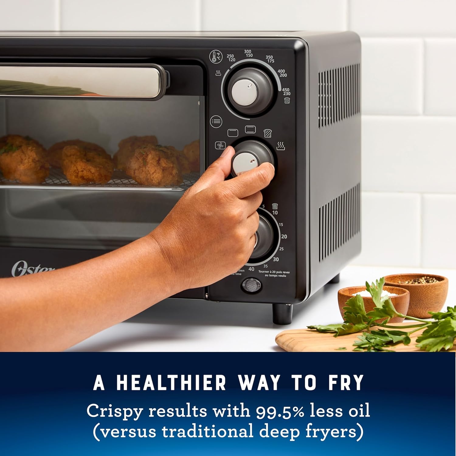 image:imageOster Compact Air Fryer Toaster Oven Convection Countertop Pizza Oven 4Slice Toaster with 5 Cooking Functions Air Fry Bake Toast Broil and WarmBlack