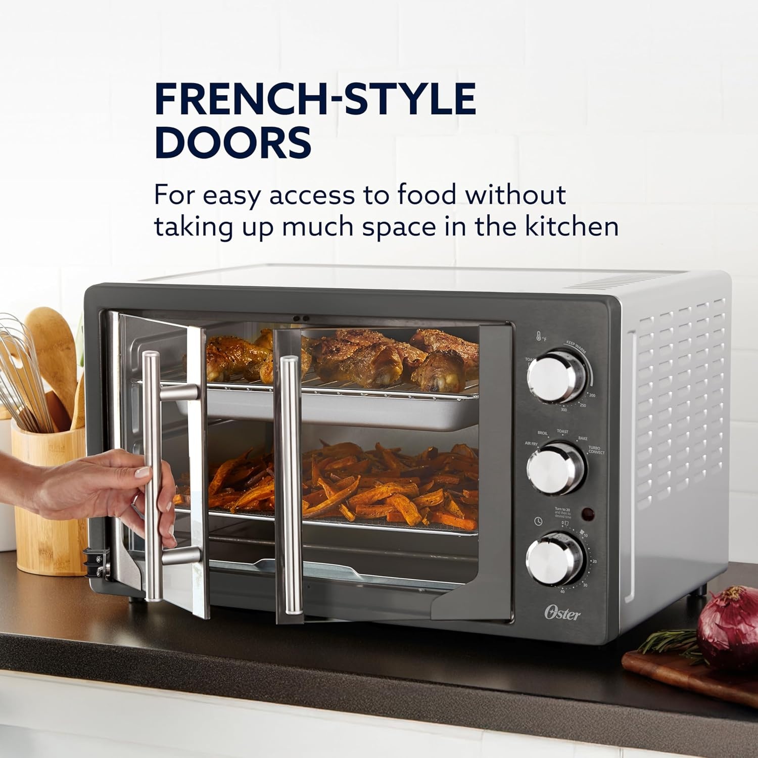 image:imageOster ExtraLarge 42L French Door Countertop Toaster Oven 6in1 Air Fryer Oven with Air Fry Rack Wire Rack Baking Pan and Crumb Tray Stainless SteelGrey