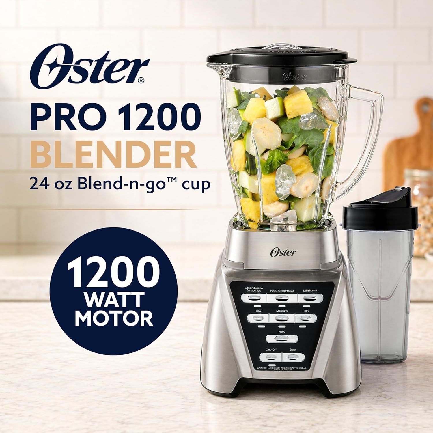 image:imageOster Pro 1200 Smoothie Blender with Glass Jar amp 24oz ToGo Cup Countertop Kitchen Blender with 7 Speeds 1200W Power Brushed NickelBlender