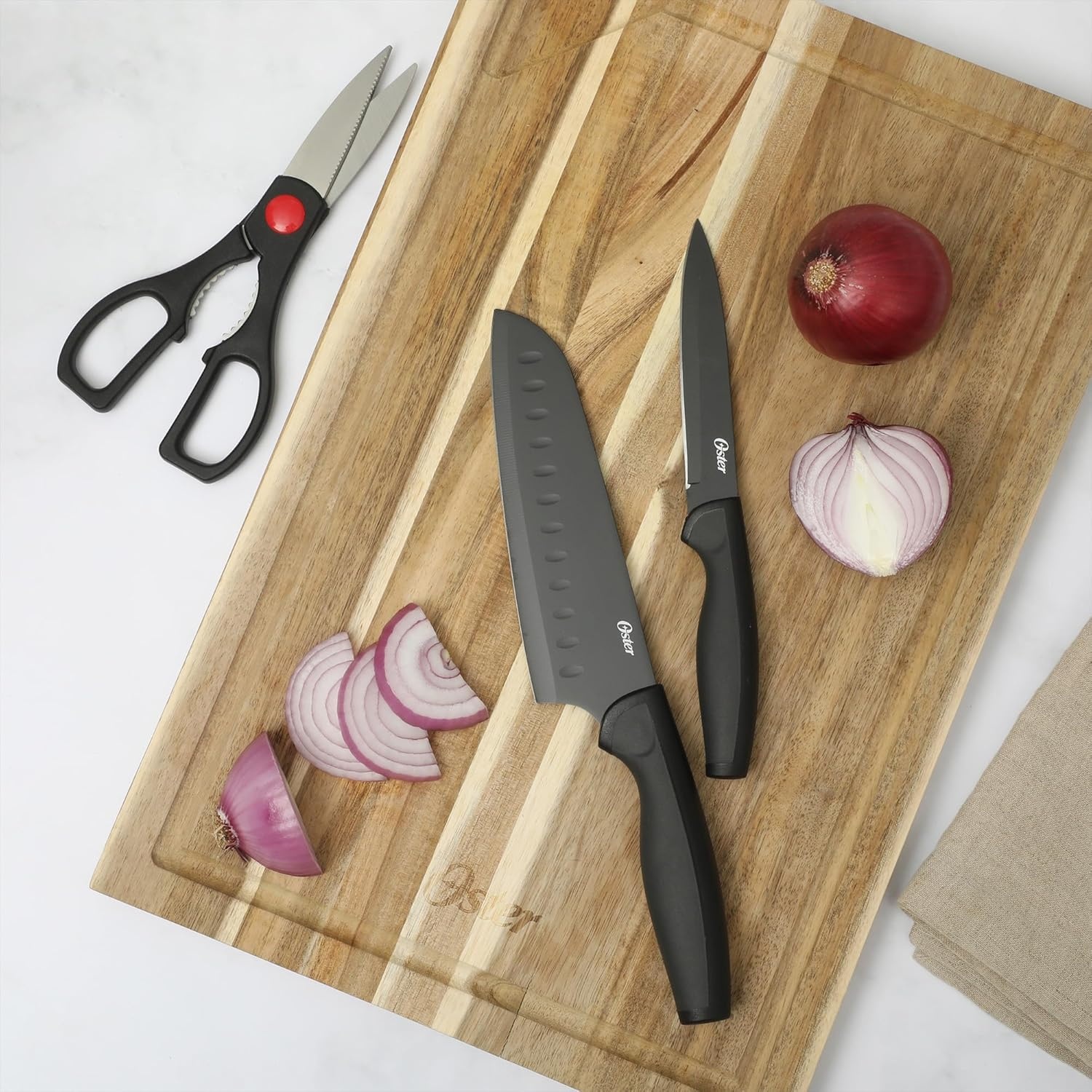 image:imageOster Baldwyn 14 Piece Stainless Steel Cutting Kitchen Knife Cutlery Set with Swivel Block Holder and Knife Sharpener Brushed SatinBlack Slicecraft 14pc