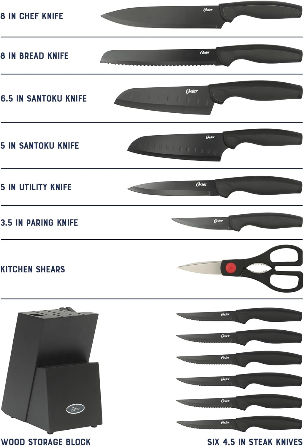 image:imageOster Baldwyn 14 Piece Stainless Steel Cutting Kitchen Knife Cutlery Set with Swivel Block Holder and Knife Sharpener Brushed SatinBlack Slicecraft 14pc