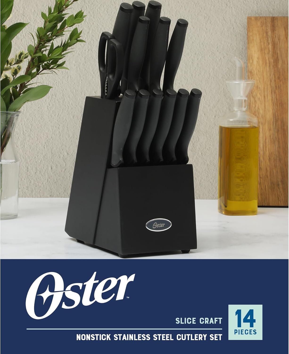 image:imageOster Baldwyn 14 Piece Stainless Steel Cutting Kitchen Knife Cutlery Set with Swivel Block Holder and Knife Sharpener Brushed SatinBlack Slicecraft 14pc