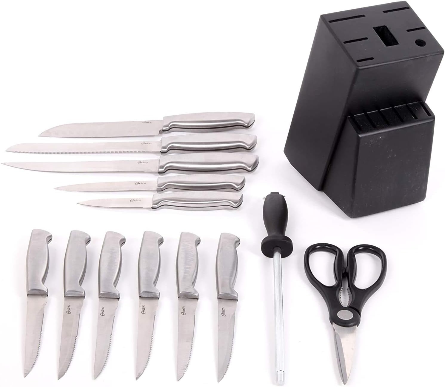 image:imageOster Baldwyn 14 Piece Stainless Steel Cutting Kitchen Knife Cutlery Set with Swivel Block Holder and Knife Sharpener Brushed SatinBrushed Satin Baldwyn 14pc