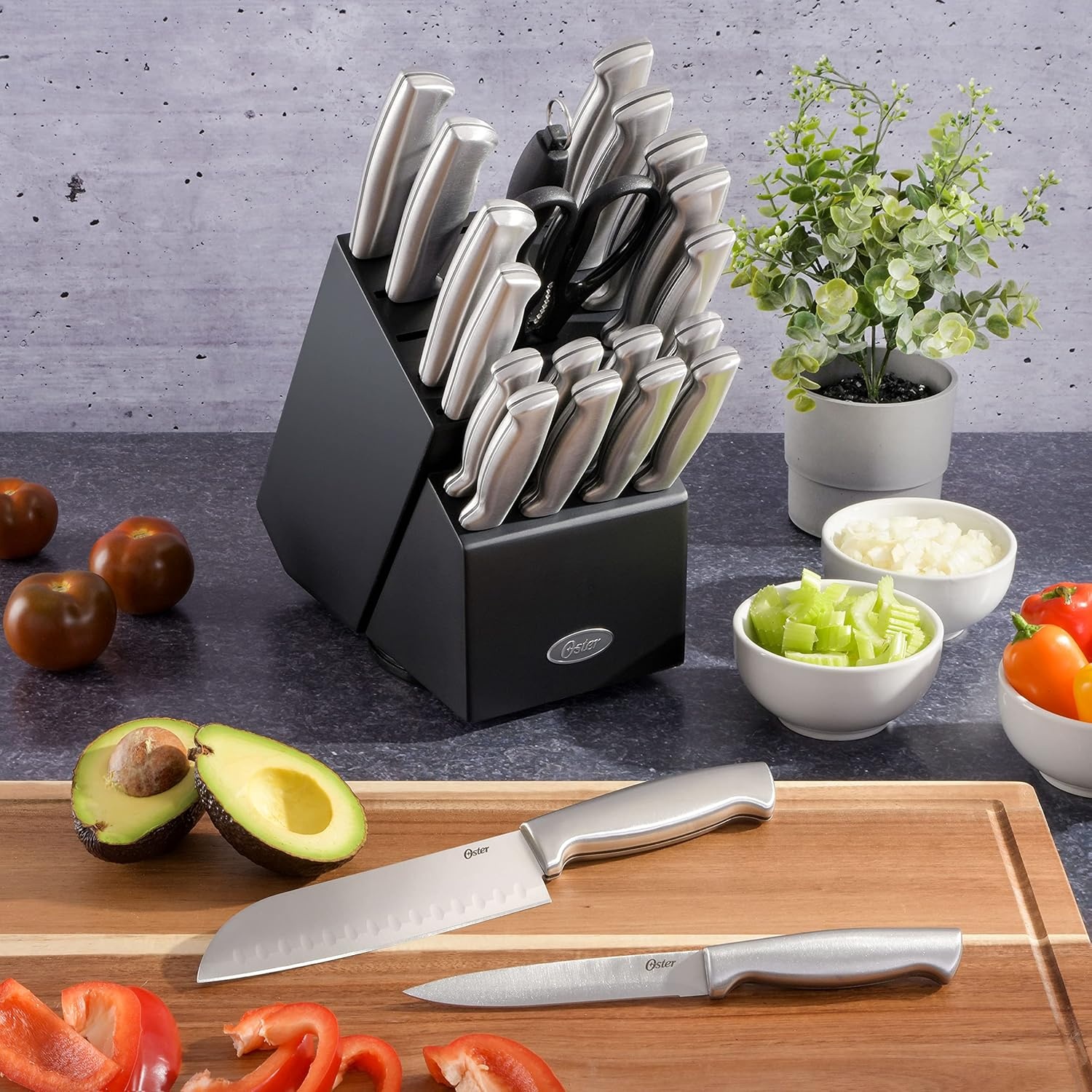 image:imageOster Baldwyn 14 Piece Stainless Steel Cutting Kitchen Knife Cutlery Set with Swivel Block Holder and Knife Sharpener Brushed SatinBrushed Satin Baldwyn 22pc
