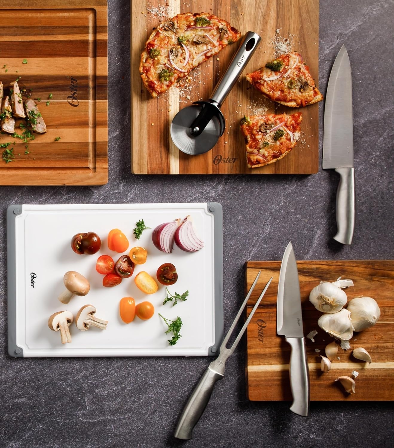 image:imageOster Baldwyn 14 Piece Stainless Steel Cutting Kitchen Knife Cutlery Set with Swivel Block Holder and Knife Sharpener Brushed SatinBrushed Satin Baldwyn 14pc