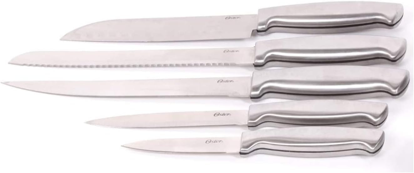 image:imageOster Baldwyn 14 Piece Stainless Steel Cutting Kitchen Knife Cutlery Set with Swivel Block Holder and Knife Sharpener Brushed SatinBrushed Satin Baldwyn 22pc