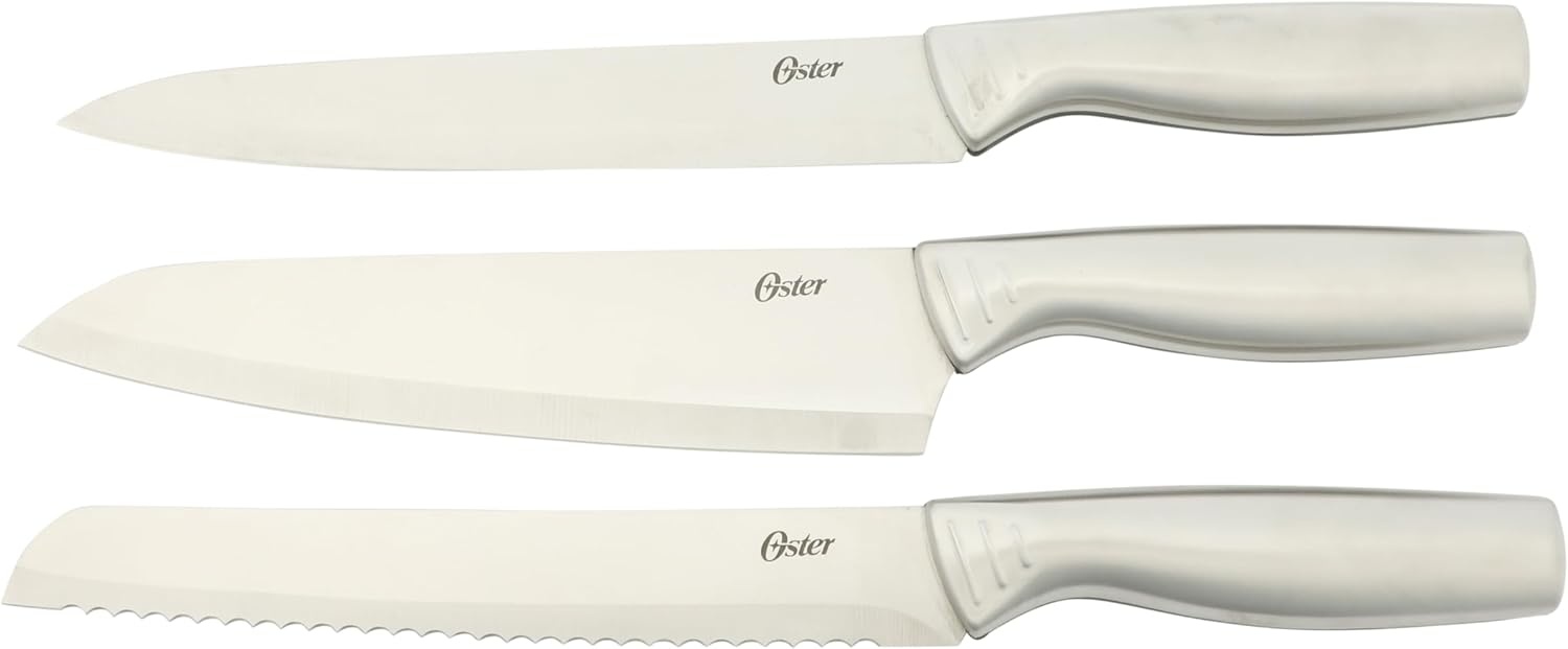 image:imageOster Baldwyn 14 Piece Stainless Steel Cutting Kitchen Knife Cutlery Set with Swivel Block Holder and Knife Sharpener Brushed SatinBrushed Satin Eckert 15pc