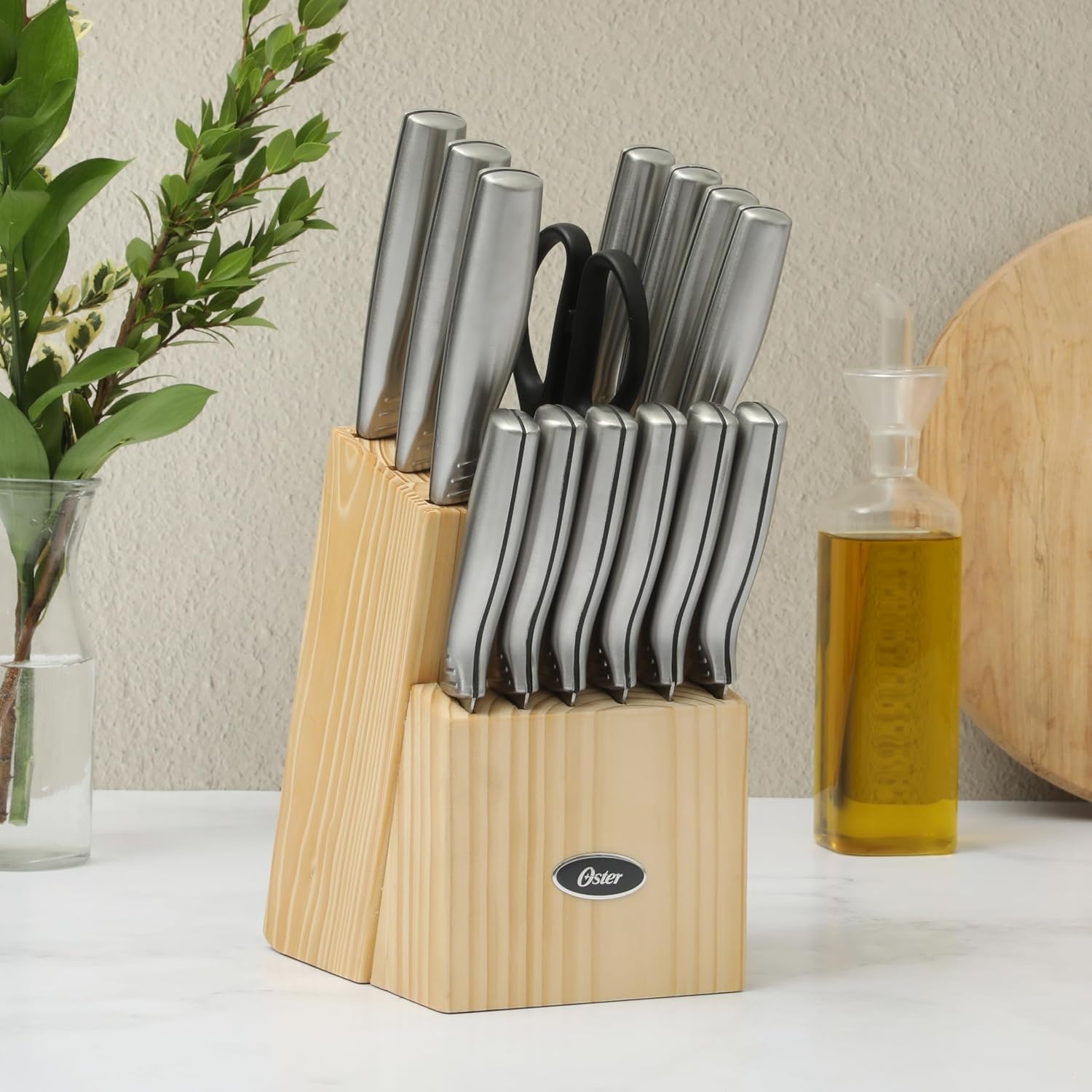 image:imageOster Baldwyn 14 Piece Stainless Steel Cutting Kitchen Knife Cutlery Set with Swivel Block Holder and Knife Sharpener Brushed SatinBrushed Satin Eckert 15pc