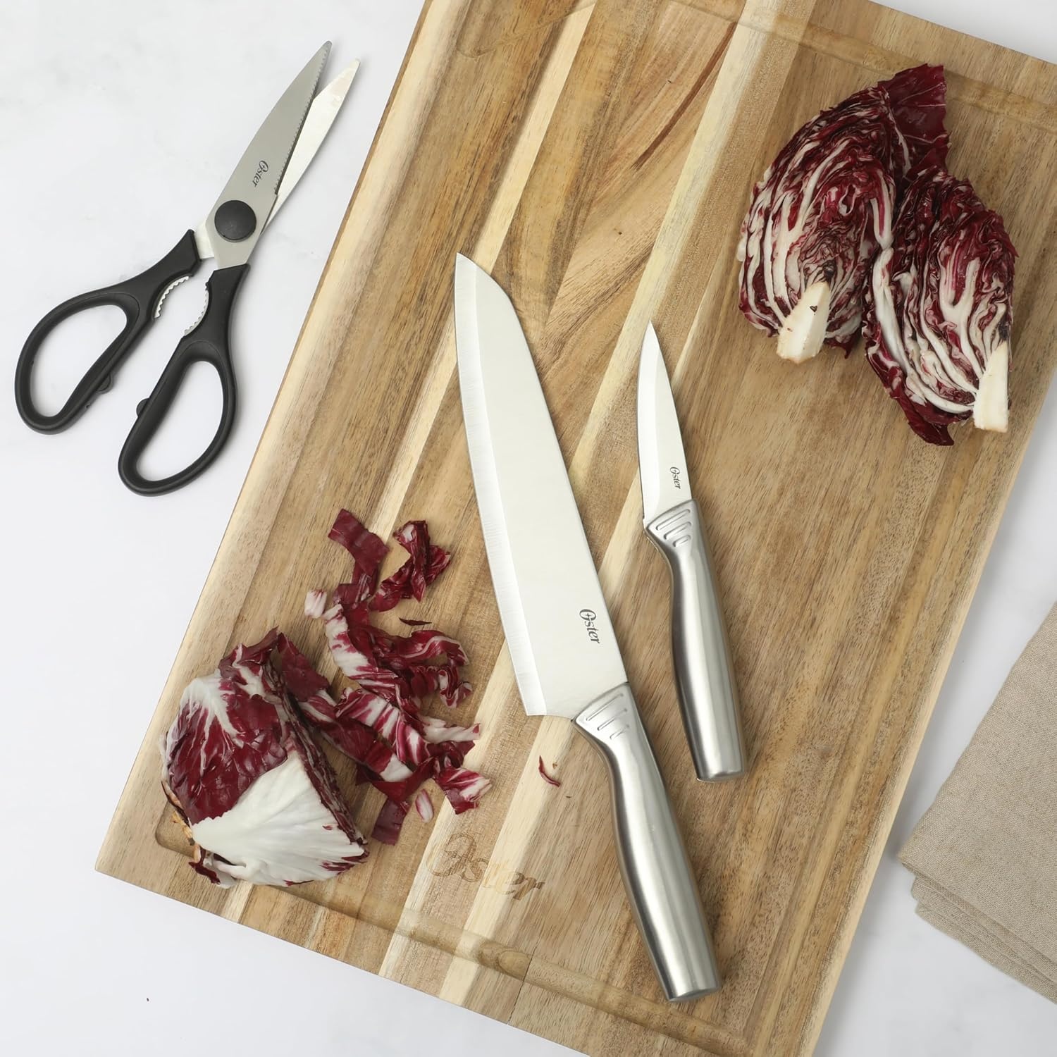 image:imageOster Baldwyn 14 Piece Stainless Steel Cutting Kitchen Knife Cutlery Set with Swivel Block Holder and Knife Sharpener Brushed SatinBrushed Satin Eckert 15pc