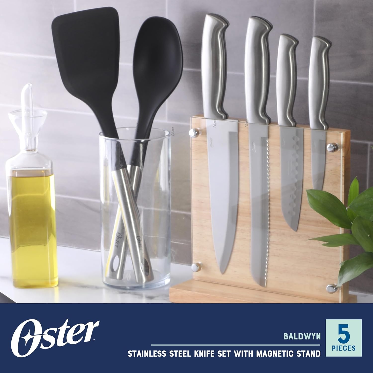 image:imageOster Baldwyn 14 Piece Stainless Steel Cutting Kitchen Knife Cutlery Set with Swivel Block Holder and Knife Sharpener Brushed SatinStainless Steel Baldwyn 5pc