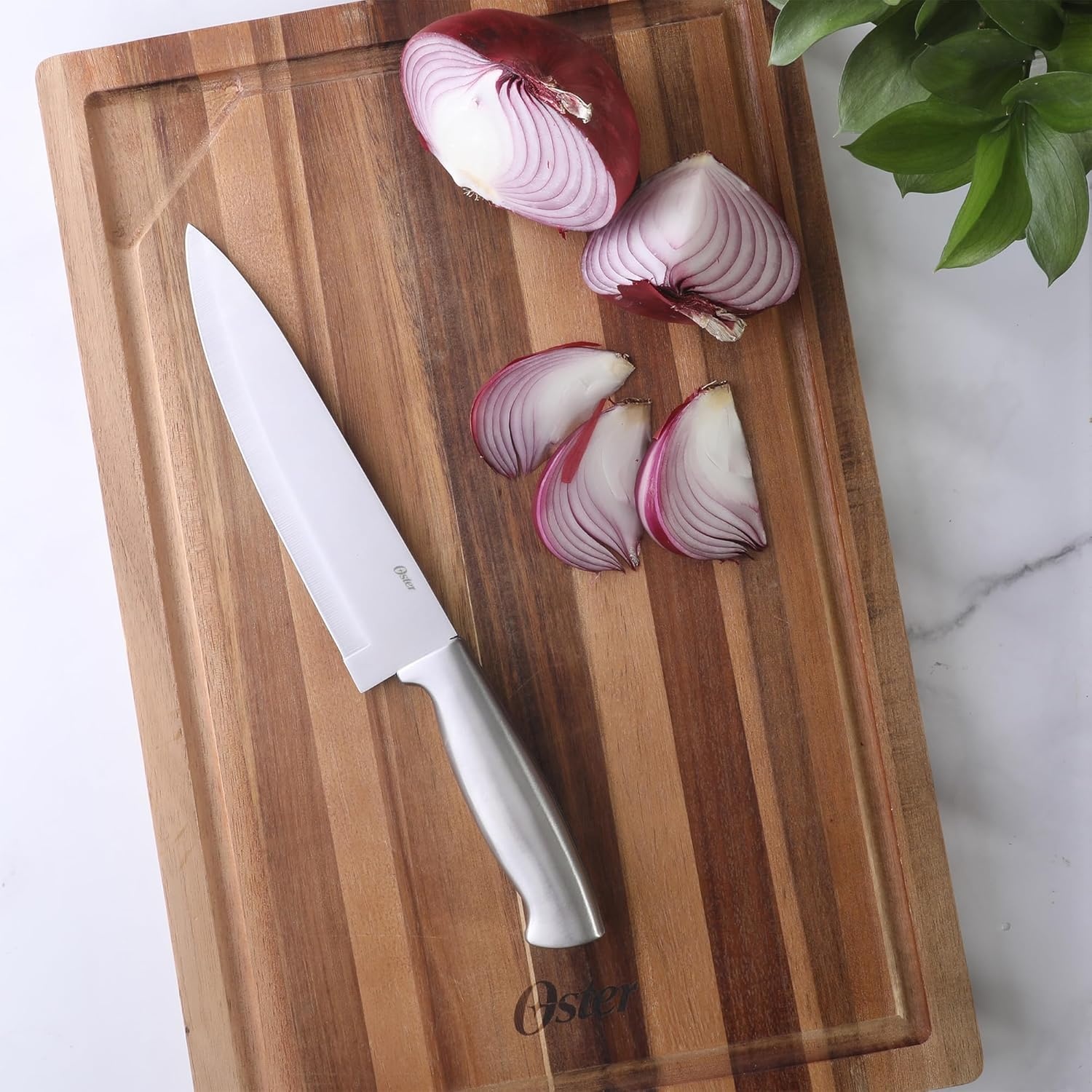 image:imageOster Baldwyn 14 Piece Stainless Steel Cutting Kitchen Knife Cutlery Set with Swivel Block Holder and Knife Sharpener Brushed SatinStainless Steel Baldwyn 5pc