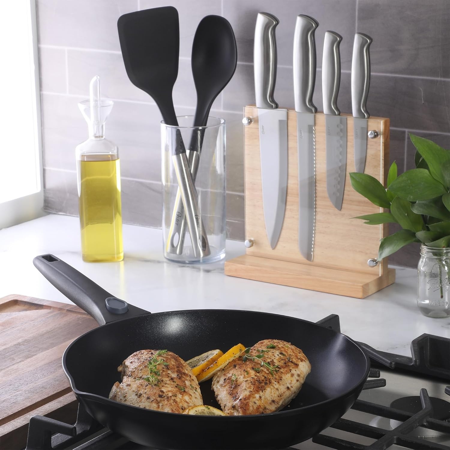 image:imageOster Baldwyn 14 Piece Stainless Steel Cutting Kitchen Knife Cutlery Set with Swivel Block Holder and Knife Sharpener Brushed SatinStainless Steel Baldwyn 5pc