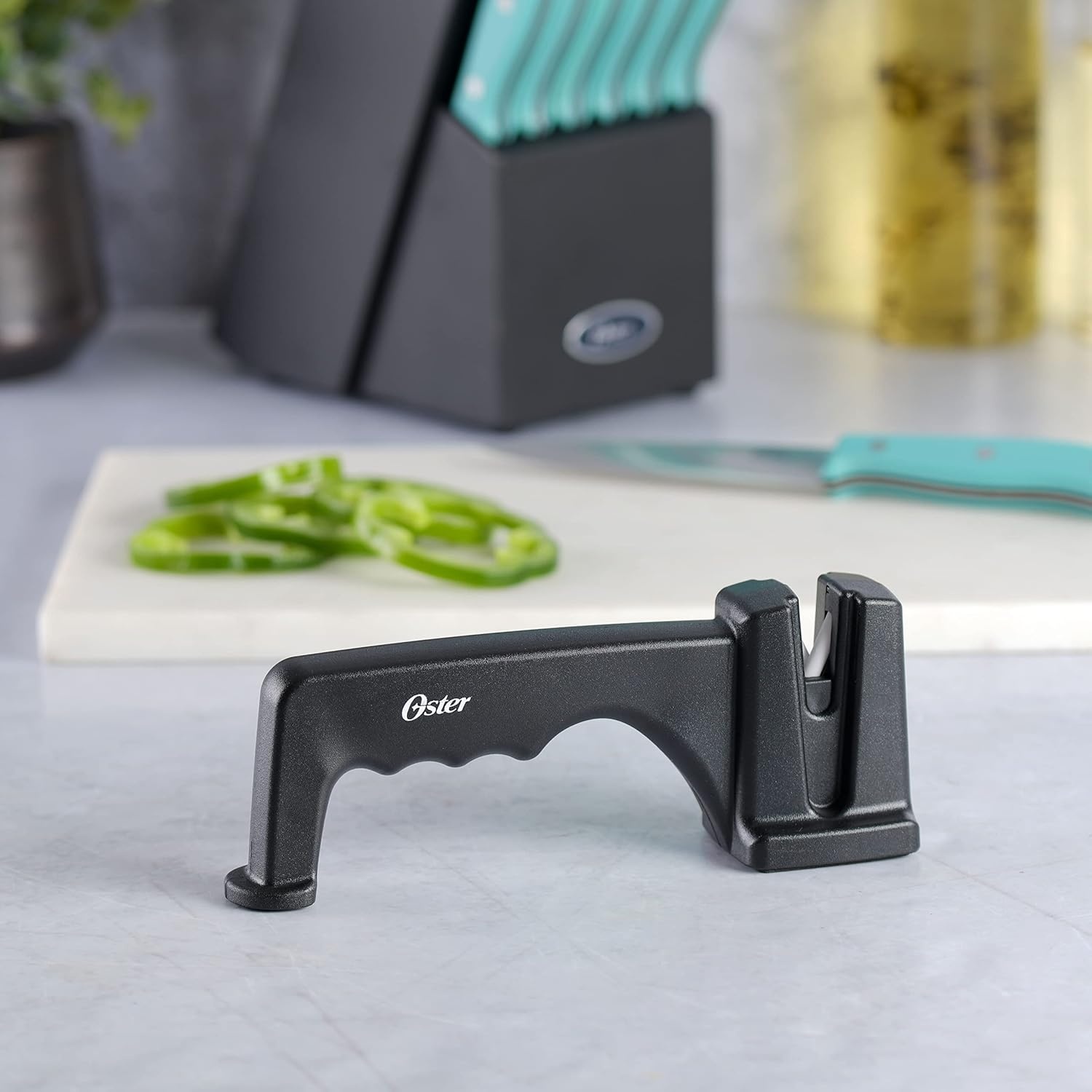 image:imageOster Baldwyn 6Inch Cleaver Knife Heavy Duty Kitchen Cutlery with Stainless Steel Handle Sharp Durable Chefs Cleaver for Chopping Slicing and DicingBlack Sharpener