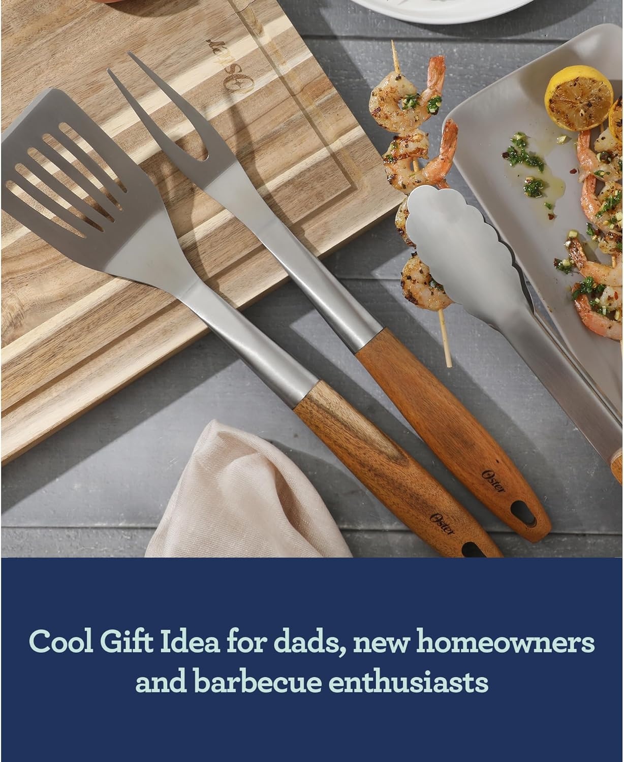 image:imageOster Balincourt Stainless Steel Grilling Tool Set WWooden Handles Tongs Slotted Turner and Fork Set