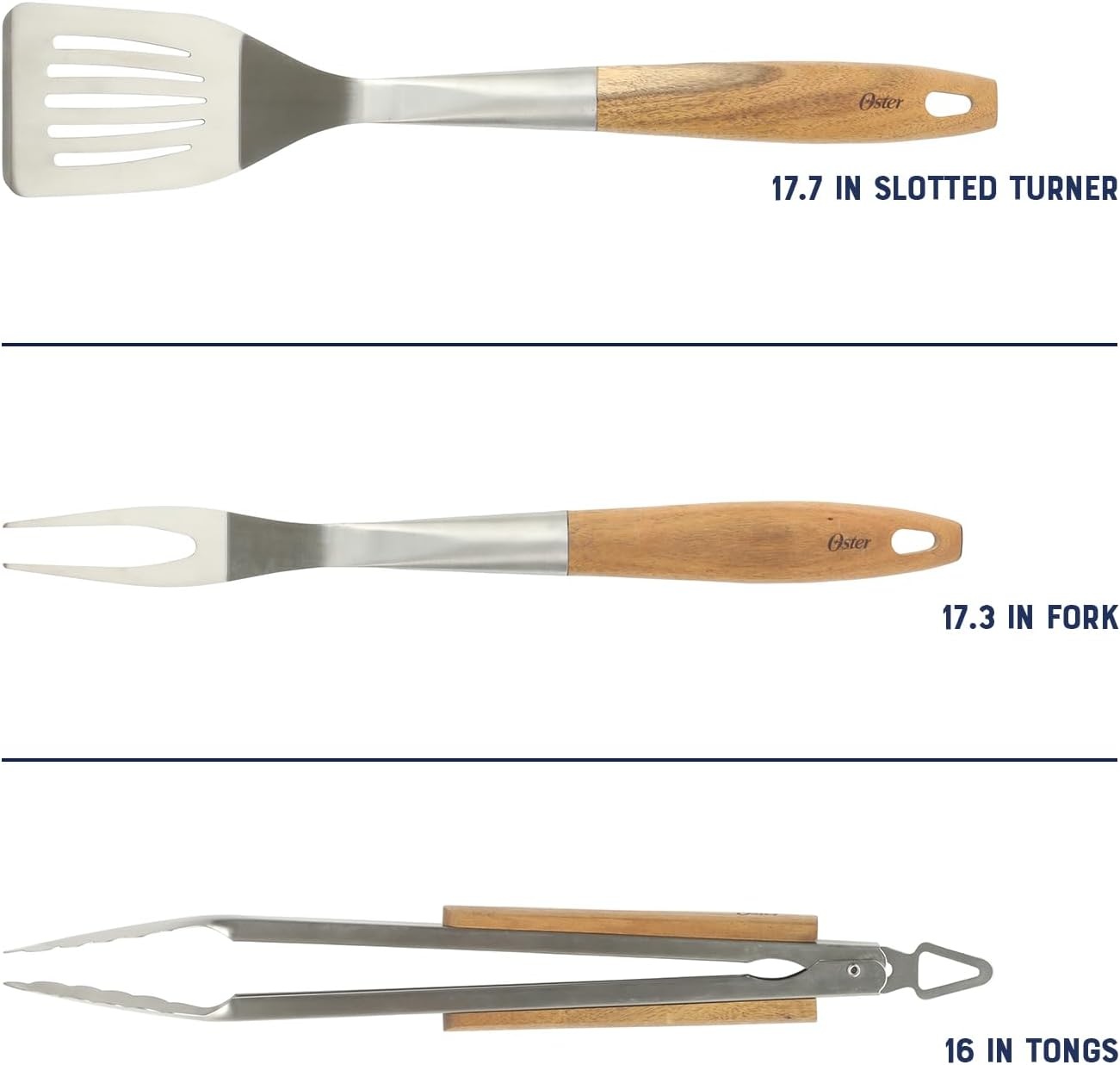 image:imageOster Balincourt Stainless Steel Grilling Tool Set WWooden Handles Tongs Slotted Turner and Fork Set