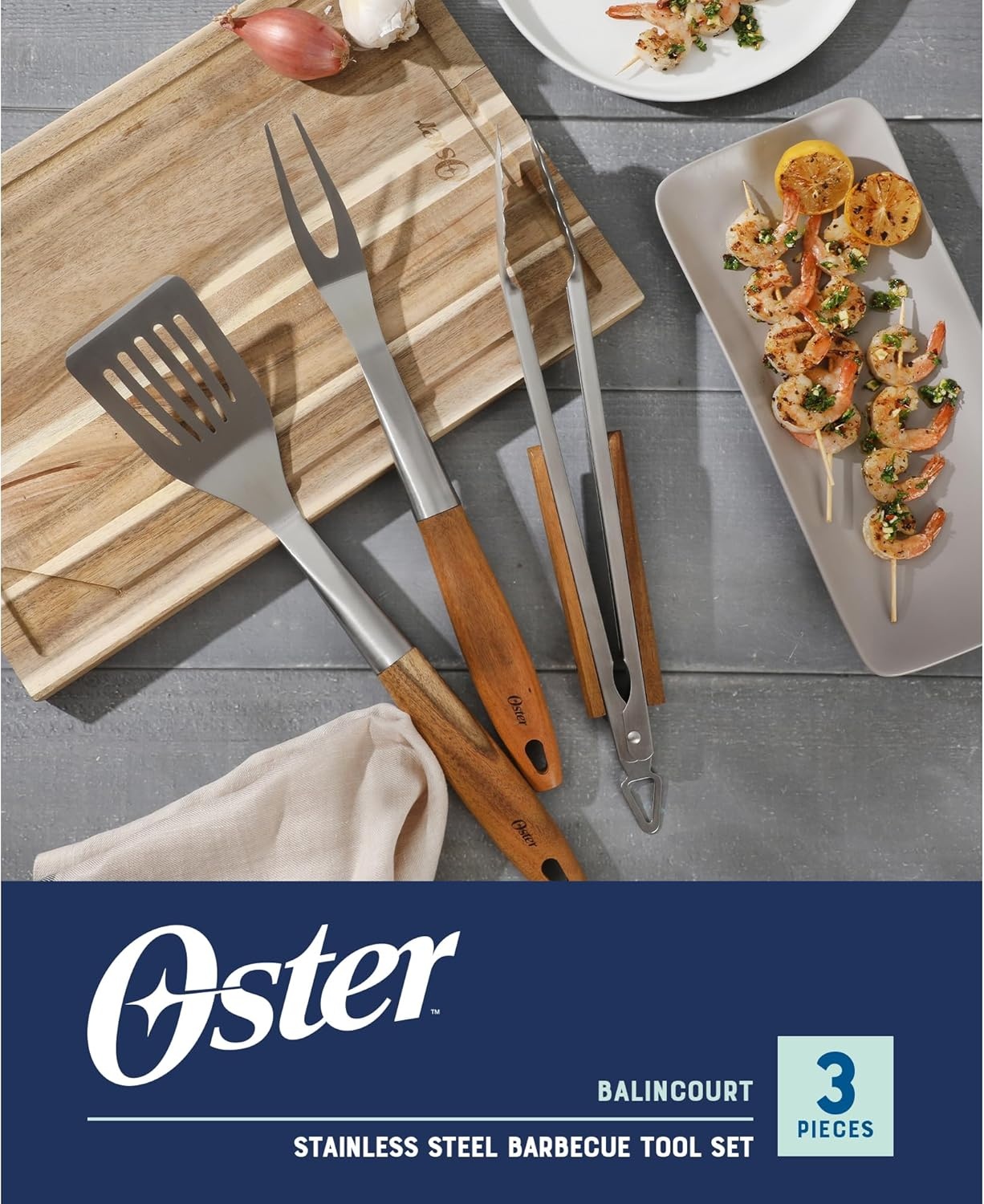 image:imageOster Balincourt Stainless Steel Grilling Tool Set WWooden Handles Tongs Slotted Turner and Fork Set