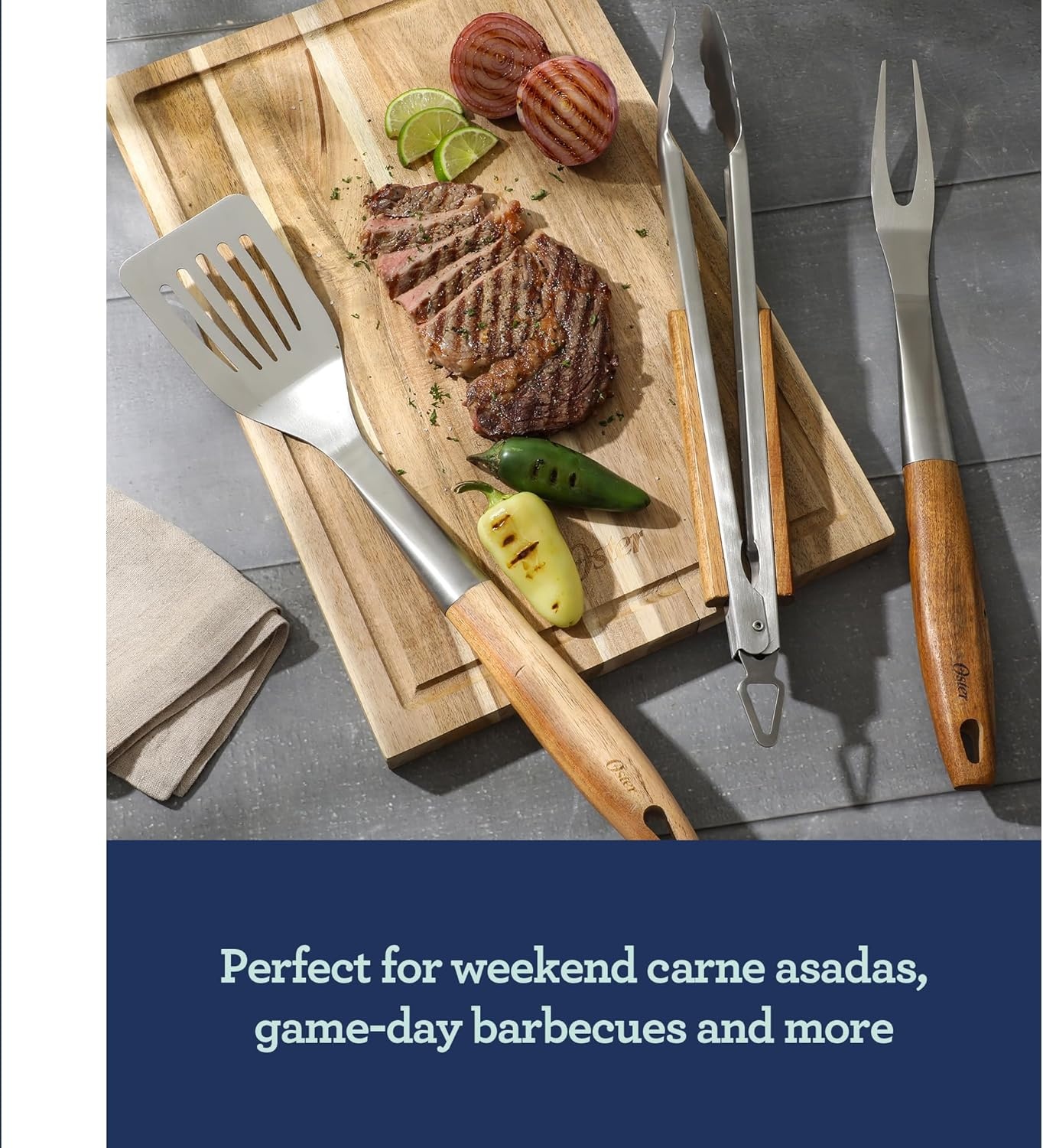 image:imageOster Balincourt Stainless Steel Grilling Tool Set WWooden Handles Tongs Slotted Turner and Fork Set