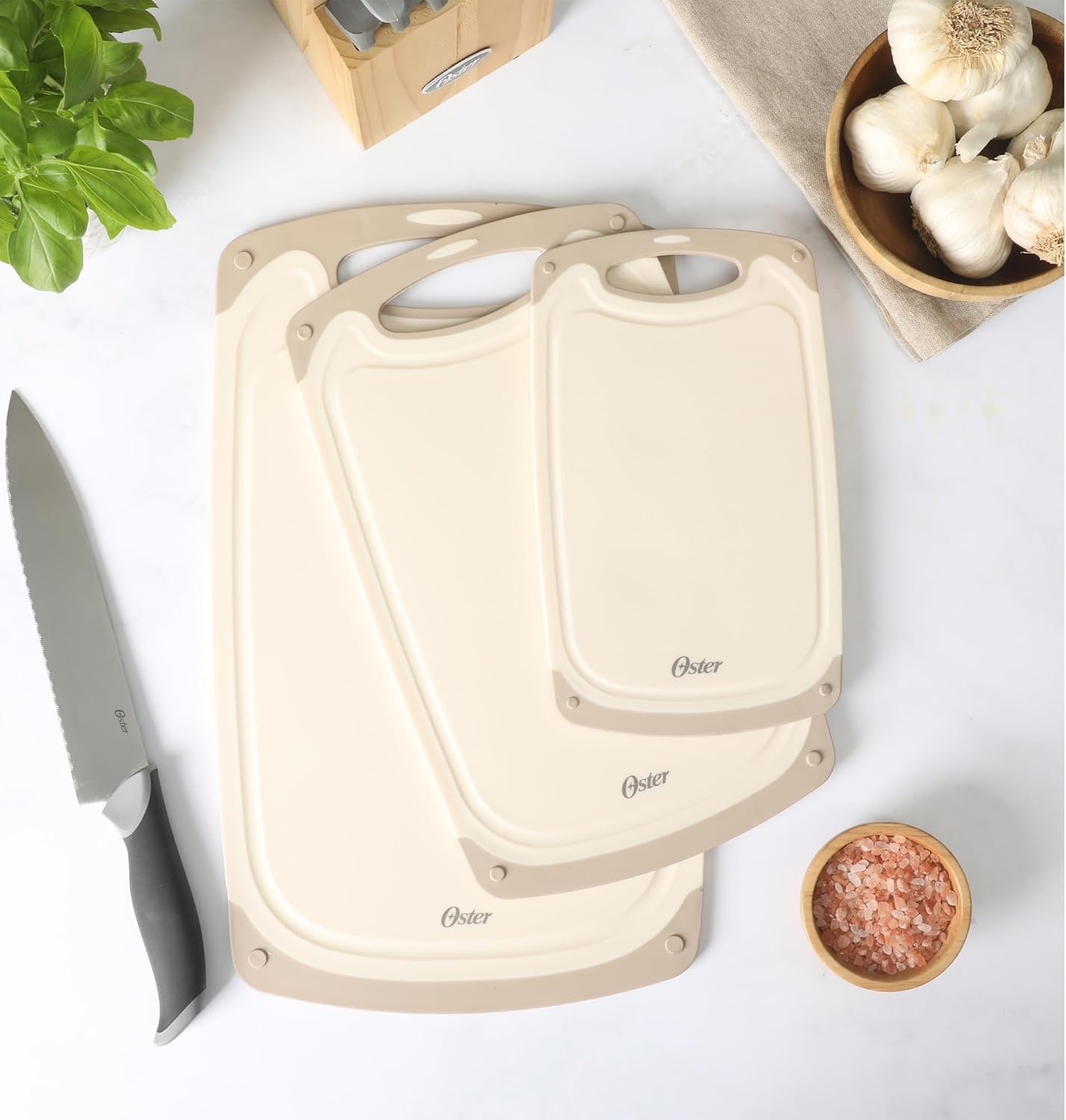 image:imageOster Bexhill 3Piece Cutting Board Set 98 13 amp 16 Plastic Chopping Boards with NonSlip Edges Nesting Design Dishwasher Safe