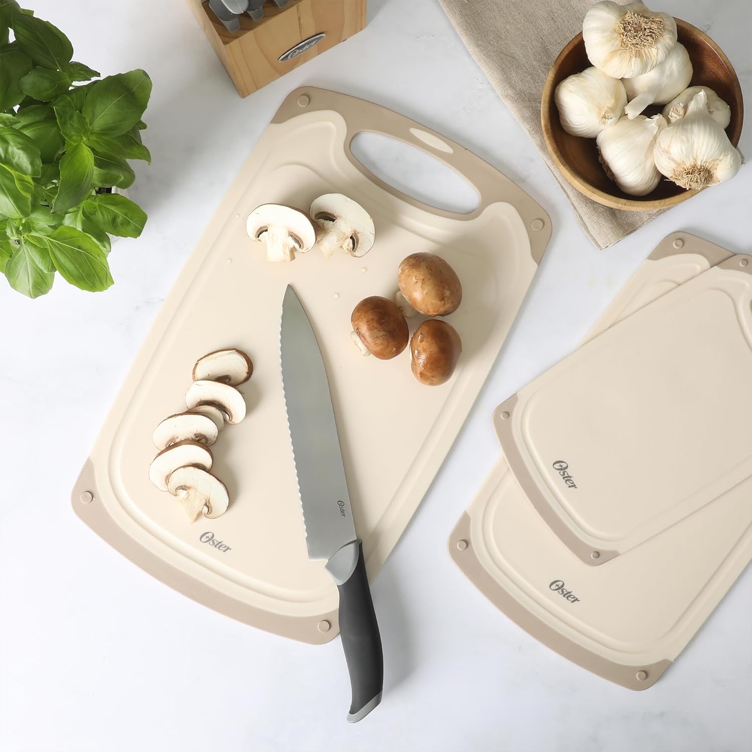 image:imageOster Bexhill 3Piece Cutting Board Set 98 13 amp 16 Plastic Chopping Boards with NonSlip Edges Nesting Design Dishwasher Safe