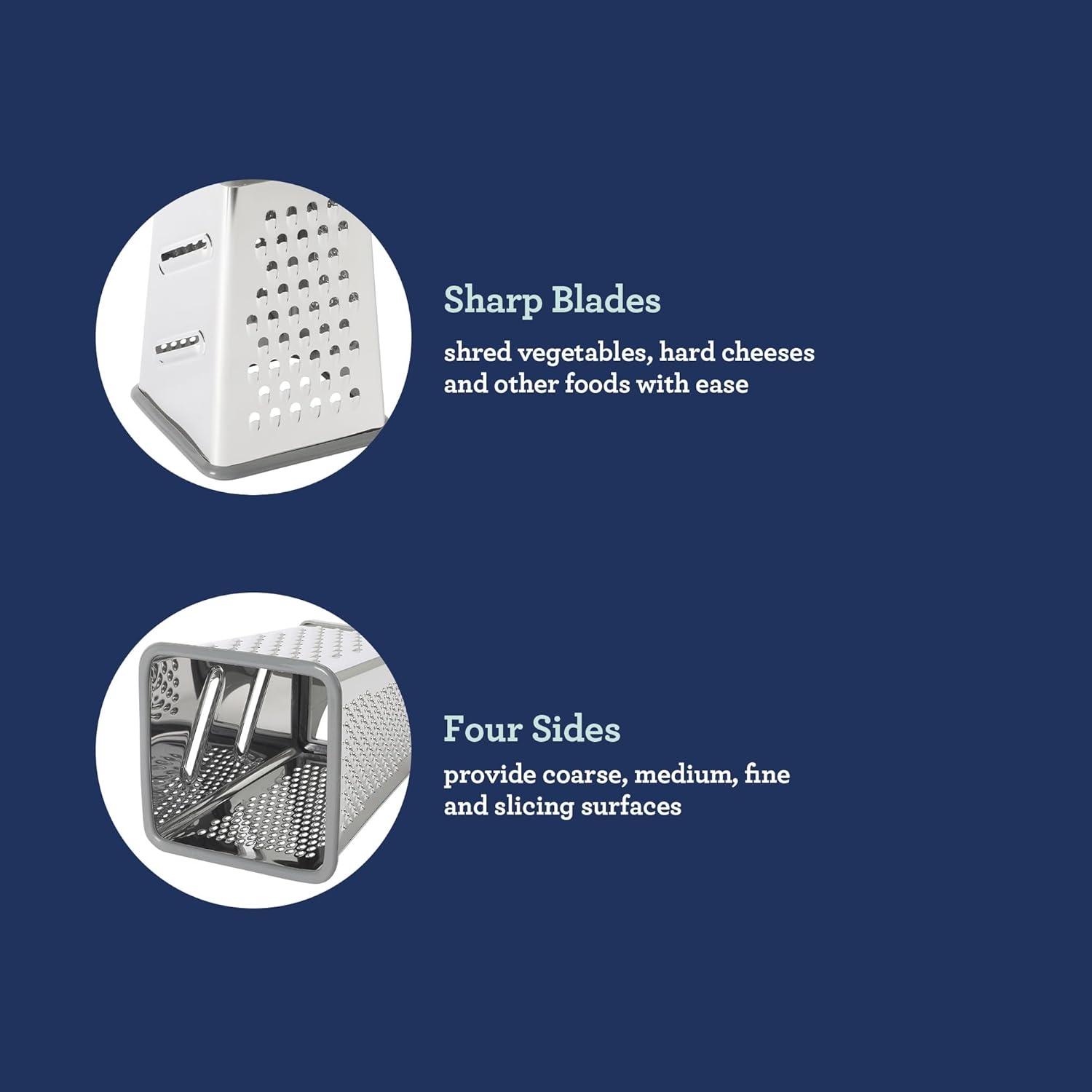 image:imageOster Bluemarine 9Inch 4Sided Box Grater Stainless Steel Cheese and Vegetable Grater Kitchen Tool for Shredding Slicing Grating BlueGrey HandleSilver