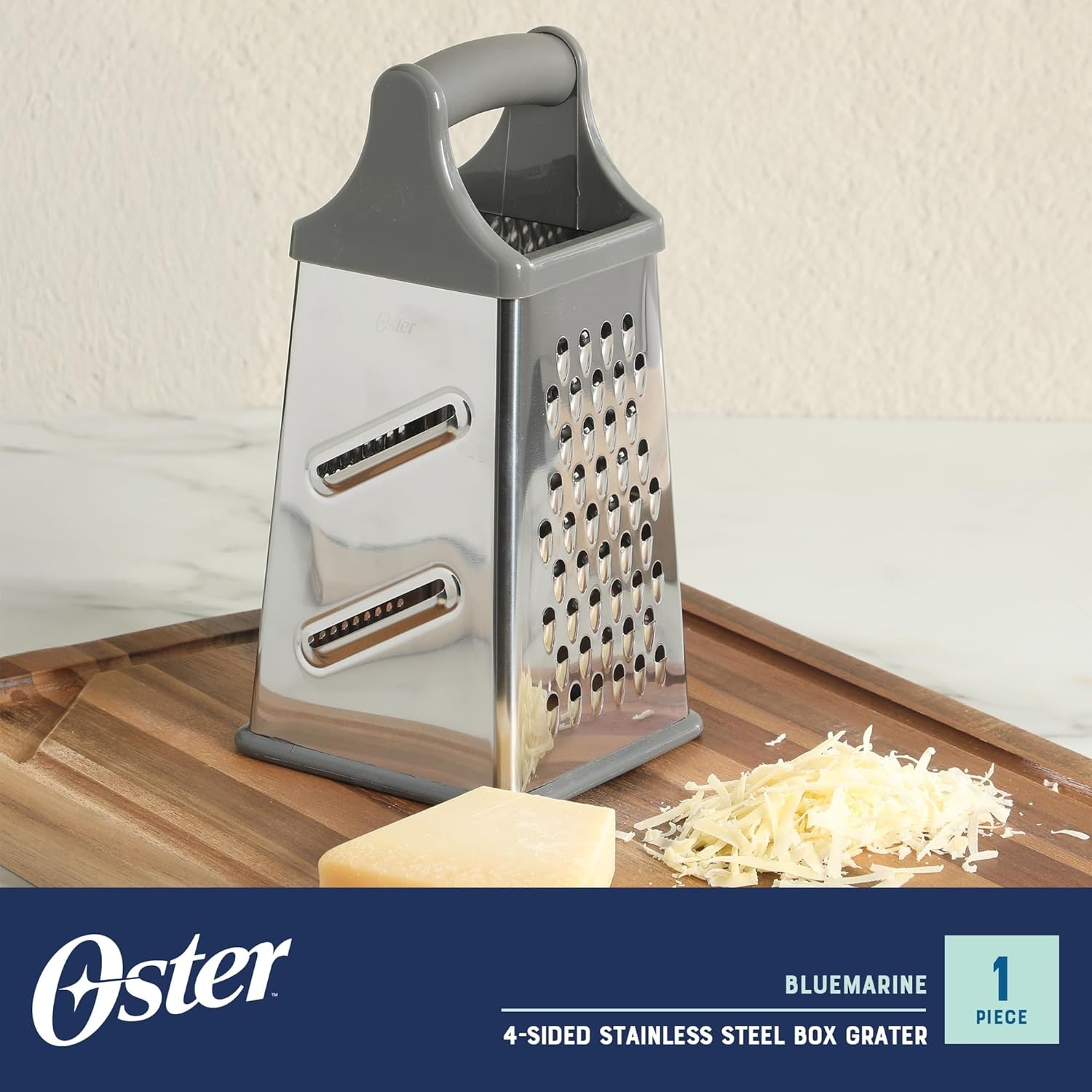 image:imageOster Bluemarine 9Inch 4Sided Box Grater Stainless Steel Cheese and Vegetable Grater Kitchen Tool for Shredding Slicing Grating BlueGrey HandleSilver