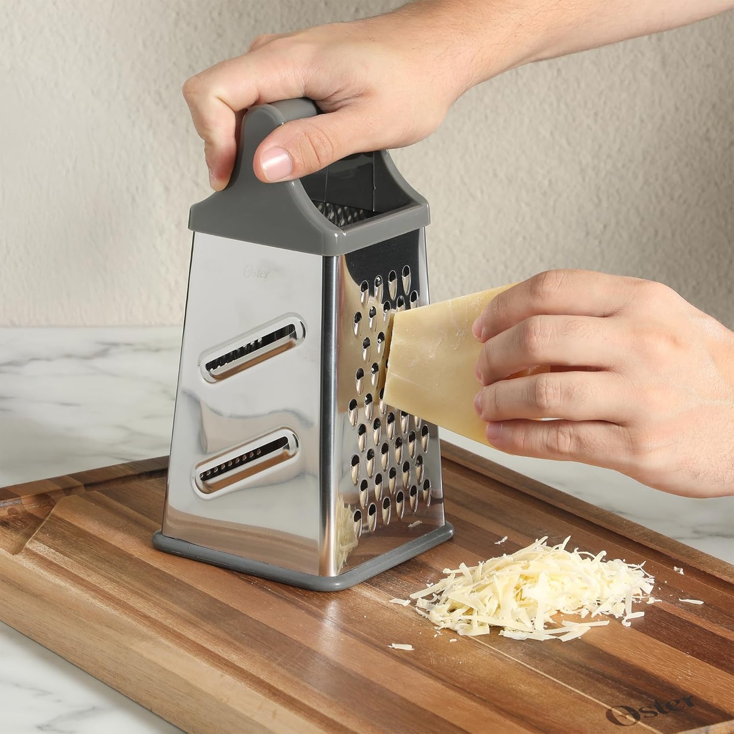 image:imageOster Bluemarine 9Inch 4Sided Box Grater Stainless Steel Cheese and Vegetable Grater Kitchen Tool for Shredding Slicing Grating BlueGrey HandleSilver