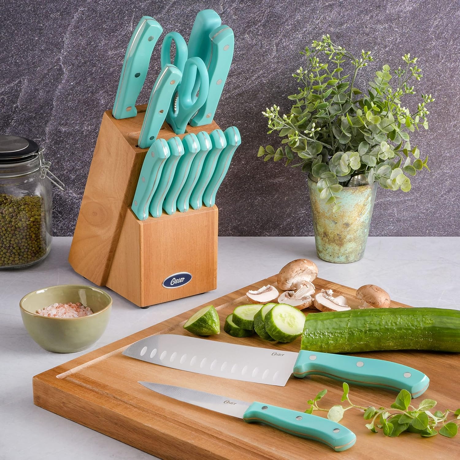 image:imageOster Evansville 14 Piece Stainless Steel Cutting Kitchen Knife Cutlery Set with Wooden Block Holder and Knife Sharpener TurquoiseTurquoise Evansville Wood Block