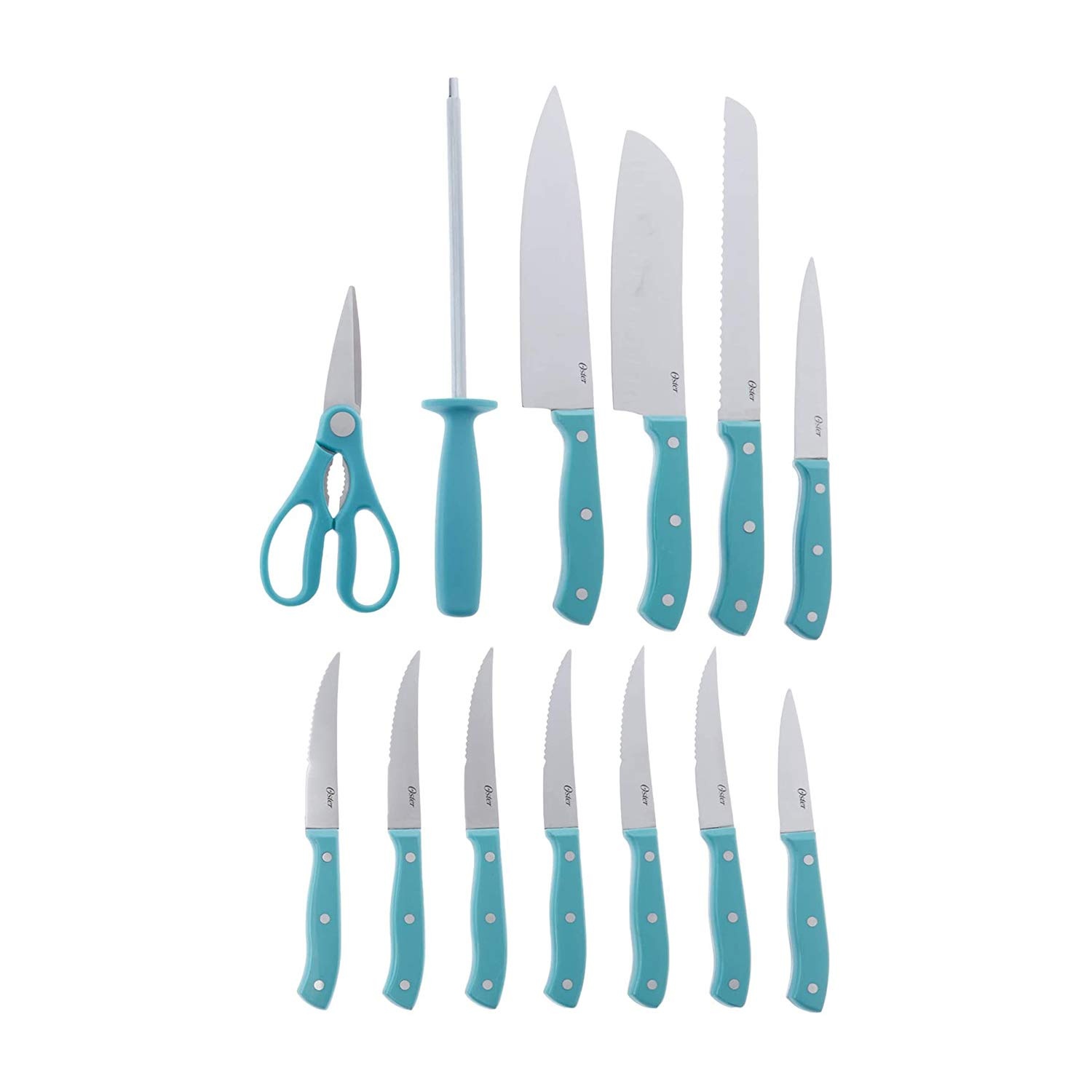 image:imageOster Evansville 14 Piece Stainless Steel Cutting Kitchen Knife Cutlery Set with Wooden Block Holder and Knife Sharpener TurquoiseTurquoise Evansville Wood Block