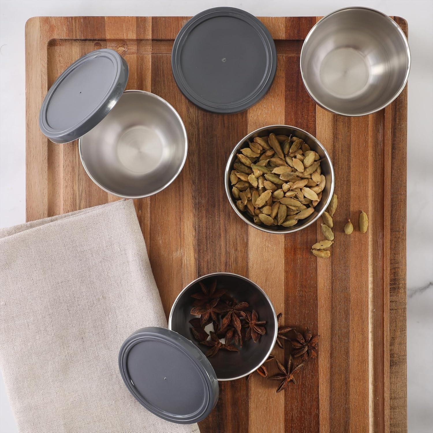 image:imageOster Kempsville 4Piece Stainless Steel Mini Bowls with Gray Lids 3 Inch Prep and Storage Containers Snack and Dipping Bowls