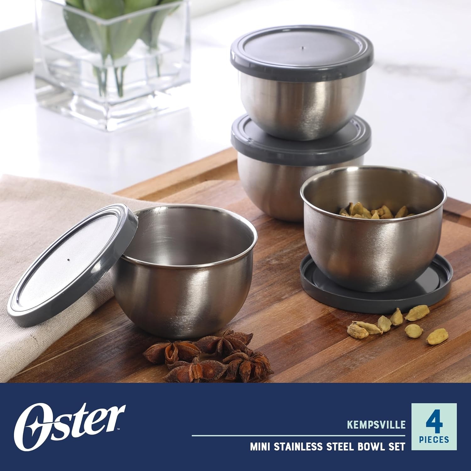image:imageOster Kempsville 4Piece Stainless Steel Mini Bowls with Gray Lids 3 Inch Prep and Storage Containers Snack and Dipping Bowls