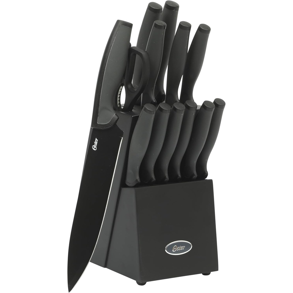image:imageOster Baldwyn 14 Piece Stainless Steel Cutting Kitchen Knife Cutlery Set with Swivel Block Holder and Knife Sharpener Brushed SatinBlack Slicecraft 14pc