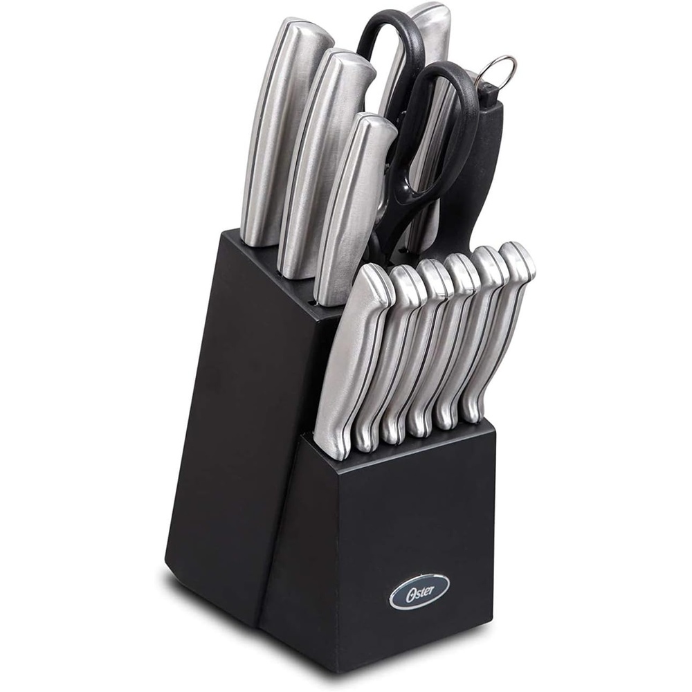 image:imageOster Baldwyn 14 Piece Stainless Steel Cutting Kitchen Knife Cutlery Set with Swivel Block Holder and Knife Sharpener Brushed SatinBrushed Satin Baldwyn 14pc