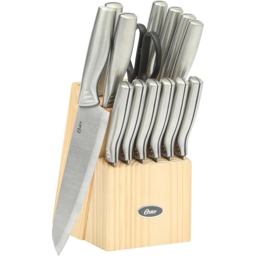 image:imageOster Baldwyn 14 Piece Stainless Steel Cutting Kitchen Knife Cutlery Set with Swivel Block Holder and Knife Sharpener Brushed SatinBrushed Satin Eckert 15pc