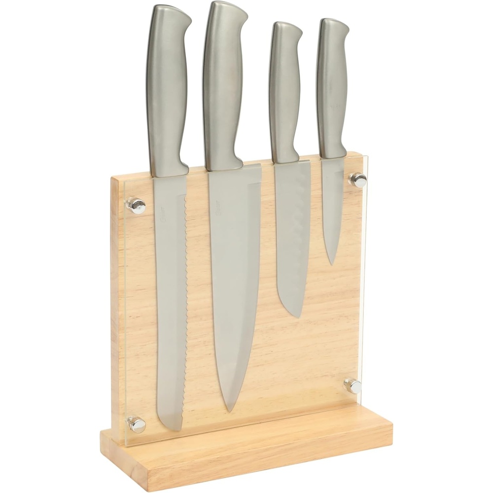 image:imageOster Baldwyn 14 Piece Stainless Steel Cutting Kitchen Knife Cutlery Set with Swivel Block Holder and Knife Sharpener Brushed SatinStainless Steel Baldwyn 5pc