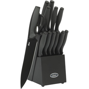 image:imageOster Baldwyn 14 Piece Stainless Steel Cutting Kitchen Knife Cutlery Set with Swivel Block Holder and Knife Sharpener Brushed SatinBlack Slicecraft 14pc