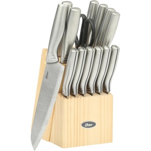 image:imageOster Baldwyn 14 Piece Stainless Steel Cutting Kitchen Knife Cutlery Set with Swivel Block Holder and Knife Sharpener Brushed SatinBrushed Satin Eckert 15pc