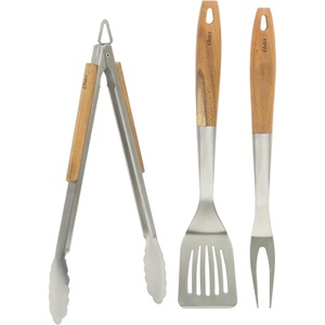 image:imageOster Balincourt Stainless Steel Grilling Tool Set WWooden Handles Tongs Slotted Turner and Fork Set